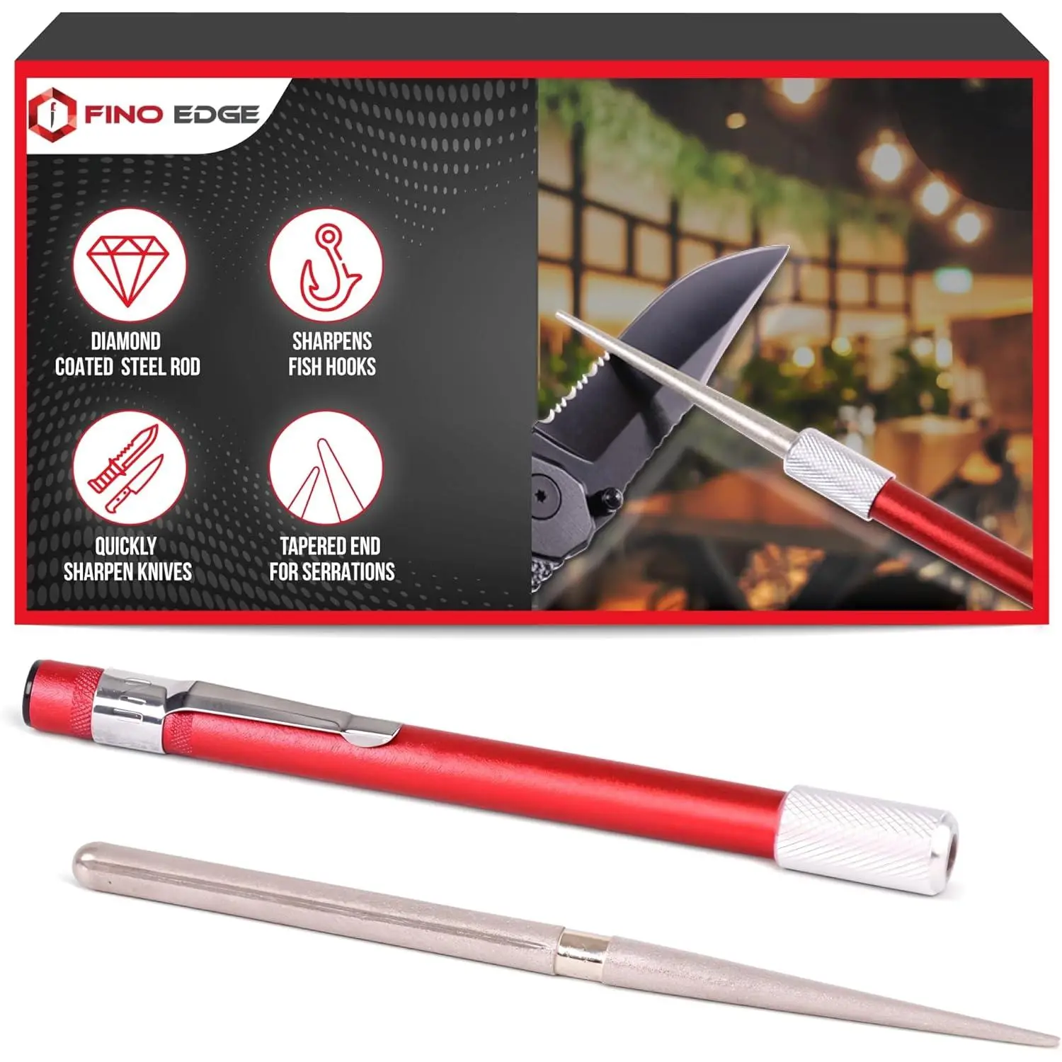 Serrated Knife Sharpener Rod - Retractable Diamond Sharpening Rod - Ultra Portable Diamond Knife Sharpener Rod - Mini Pocket Sharpener for Outdoor Hunting Fishing (FE-RDSR)
