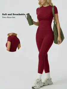 Two piece set women's loungewear set yoga outfit, Fitness Outfits, tight figure flattering short sleeve long pants set nylon fabric soft breathable sportswear slim fit suitable for home and outdoor wear casual ladies pajamas