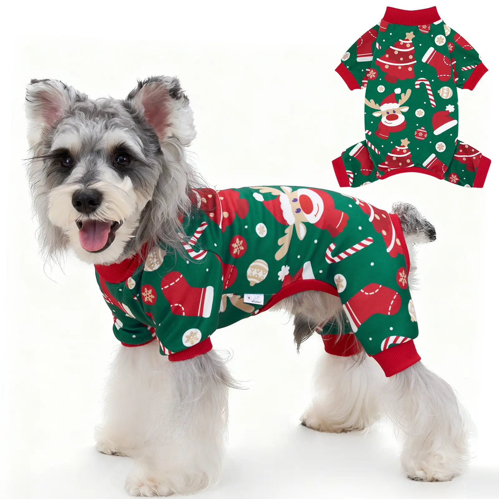 XPUDAC 1-Piece Christmas Tree Pet Pajamas for Dogs & Cats, Warm Dralon Holiday Costume with Festive Snowflake Print, XS-8XL Winter Pet Clothing for Warmth