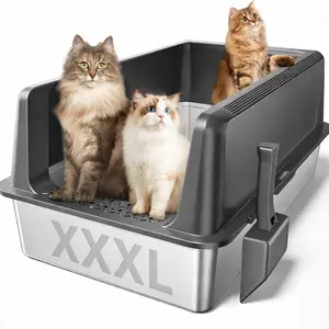 Barhon XXXL Stainless Steel Litter Box Extra Large Cat Litter Boxes Easy To Clean Reduce Odor Metal Litter Box with Lid for Multiple Cats High Sided Non-Sticky Anti-Urine Leakage Litterbox