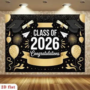 1PC,2D Flat Backdrop Class of 2026 Graduation Backdrop, Black and Gold Theme Grad Party Decoration Banner, Congratulations Grad Photo Background, Graduation Season Atmosphere Decor Backdrop
