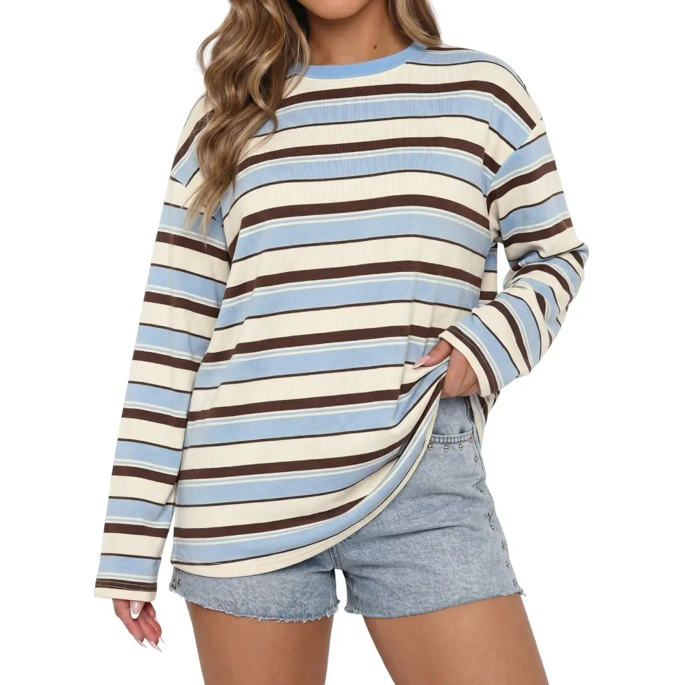 Dokotoo Women's 2026 Striped Print Crewneck Casual Oversized Long Sleeve Knit Comfortable T-Shirt Tops Dokotoo Women's 2026 Striped Print Crewneck Casual Oversized Long Sleeve Knit Comfortable T-Shirt Tops