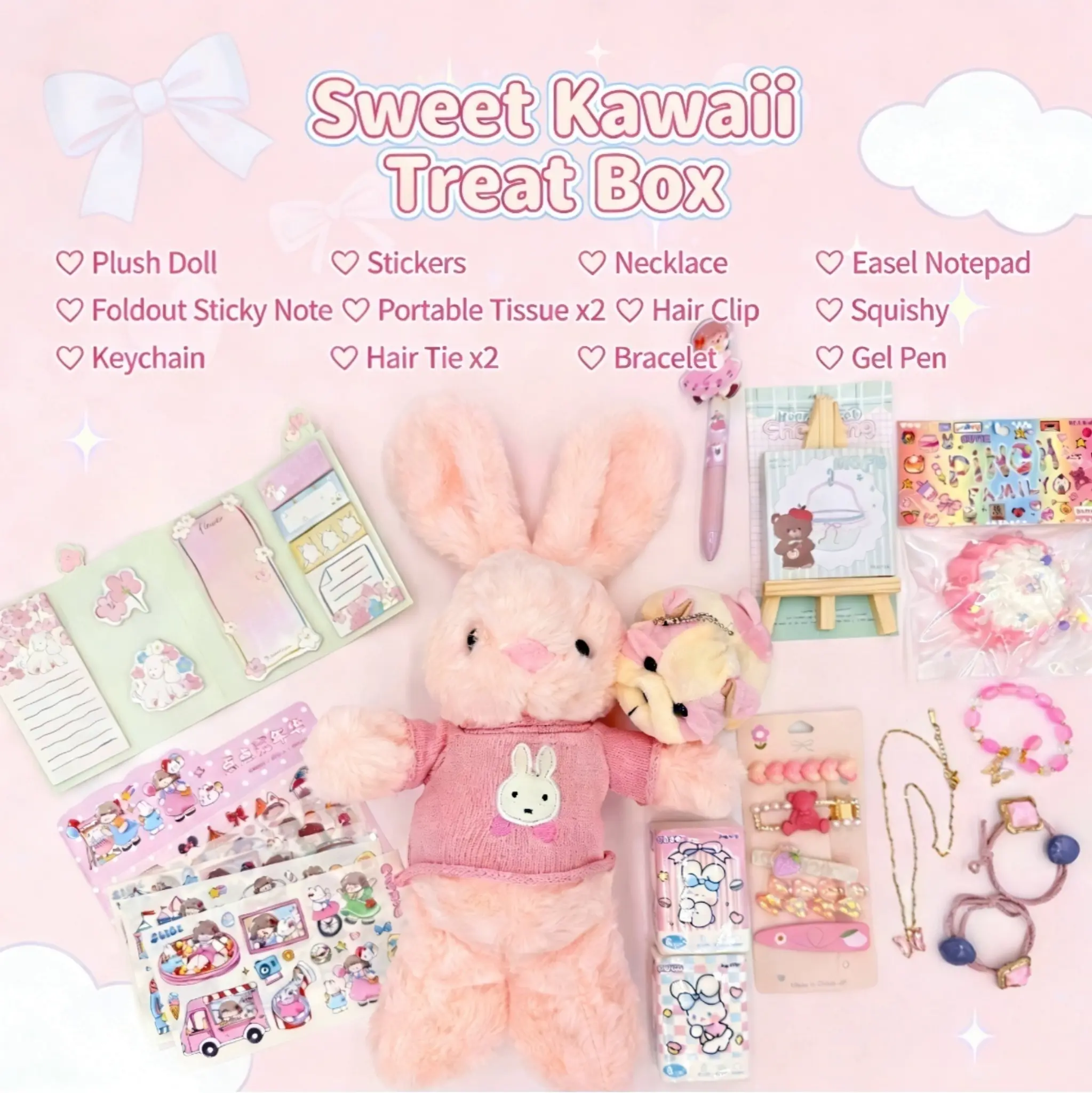 Cute Kawaii Office Stationery Gift Pack - Back to School/Birthday Gift for Kids, Includes Bracelet, Plush Decor, 2 Hair Ties, Foldable Sticky Note, Gel Pen, Easel Notepad, Themed Stickers, Plush Doll Keychain