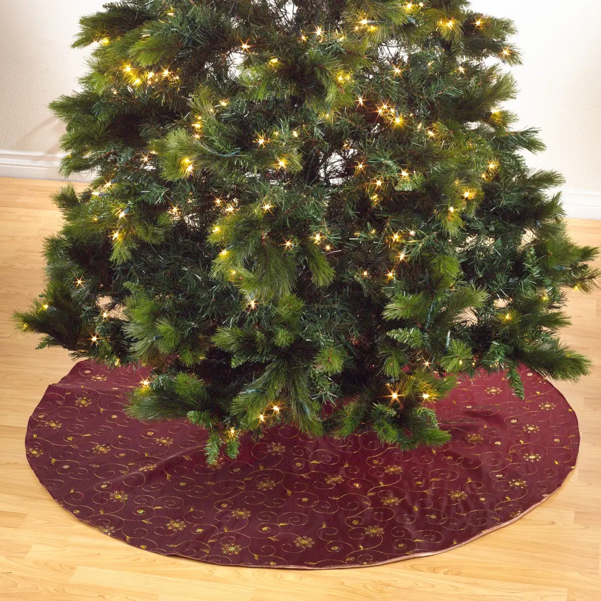 SARO Contemporary Polyester Christmas Tree Skirt - Burgundy, Embroidered, Sequined, Hand Wash, 3 lbs, Modern Indoor Festive Home Holiday Decor Supplies, Embroidery