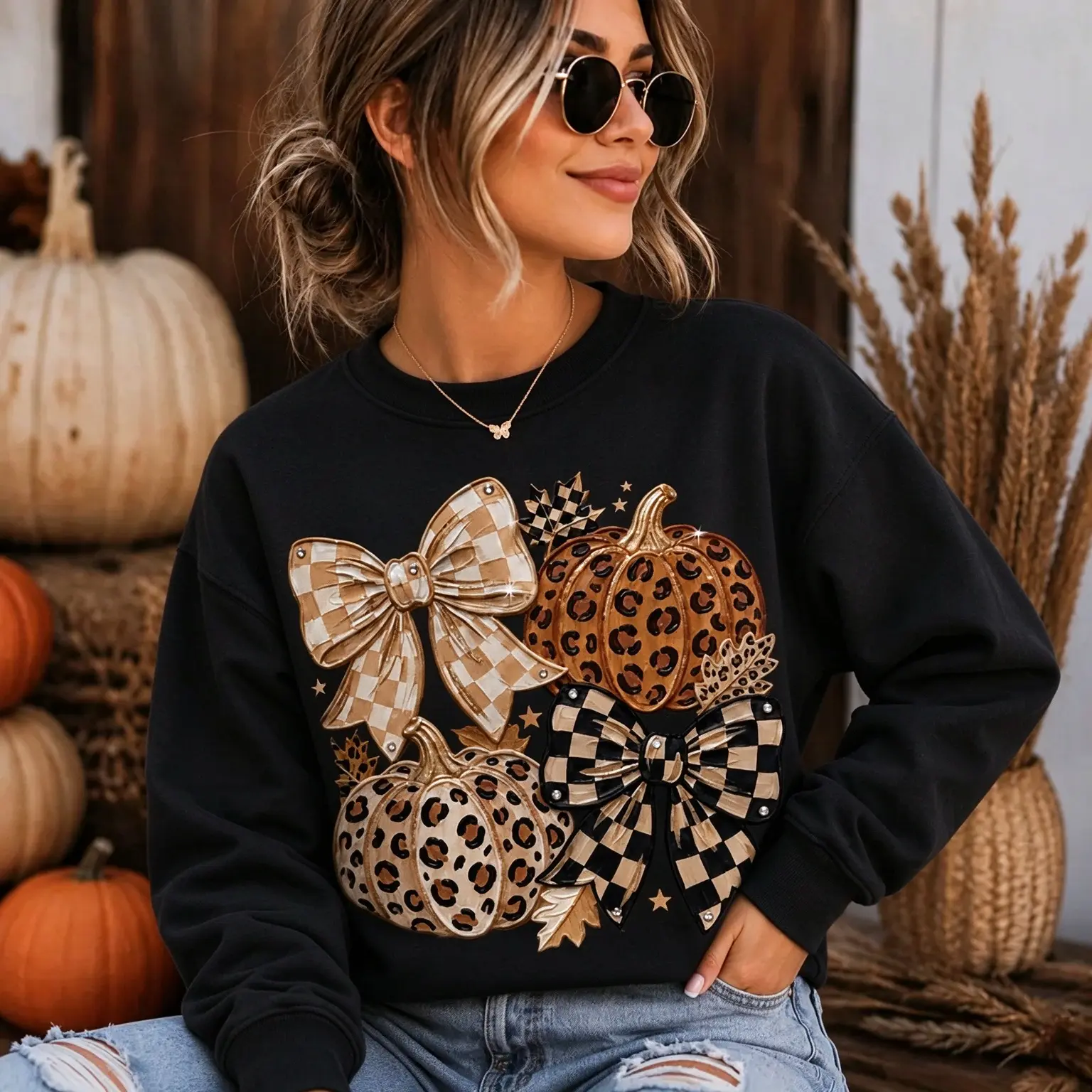RHW Fall Pumpkin T-Shirt & Sweatshirt, Leopard Pumpkin Bow Shirt, Checkerboard Autumn Graphic Tee, Cute Thanksgiving Crewneck, Trendy Fall Outfit for Women, Pumpkin Season Gift for Her -DPCLICK Heat Transfer