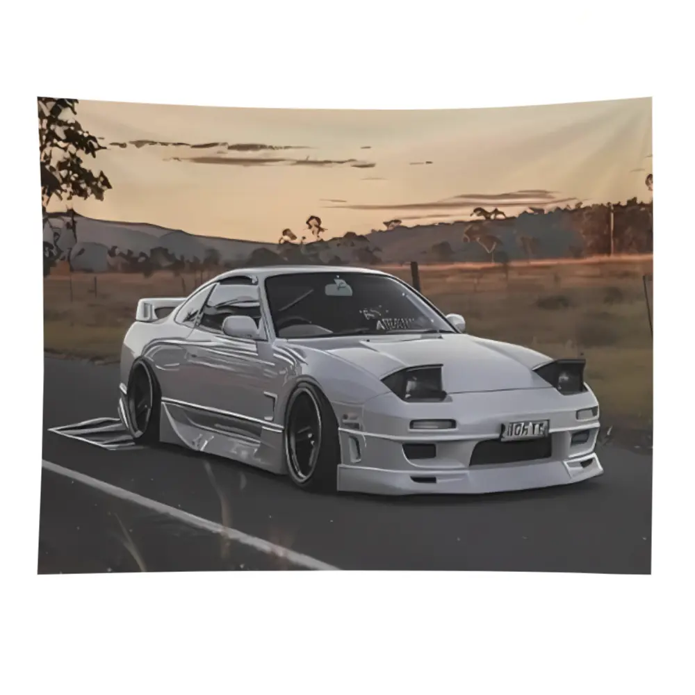 White JDM 240sx Jump Light Classic Car Cotton Tapestry - 150x200cm Full-Print Bright Colors Linen-Cotton Wall Hanging, Hand-Washable Home Decor, Indoor/Outdoor Use for Bedroom, Living Room