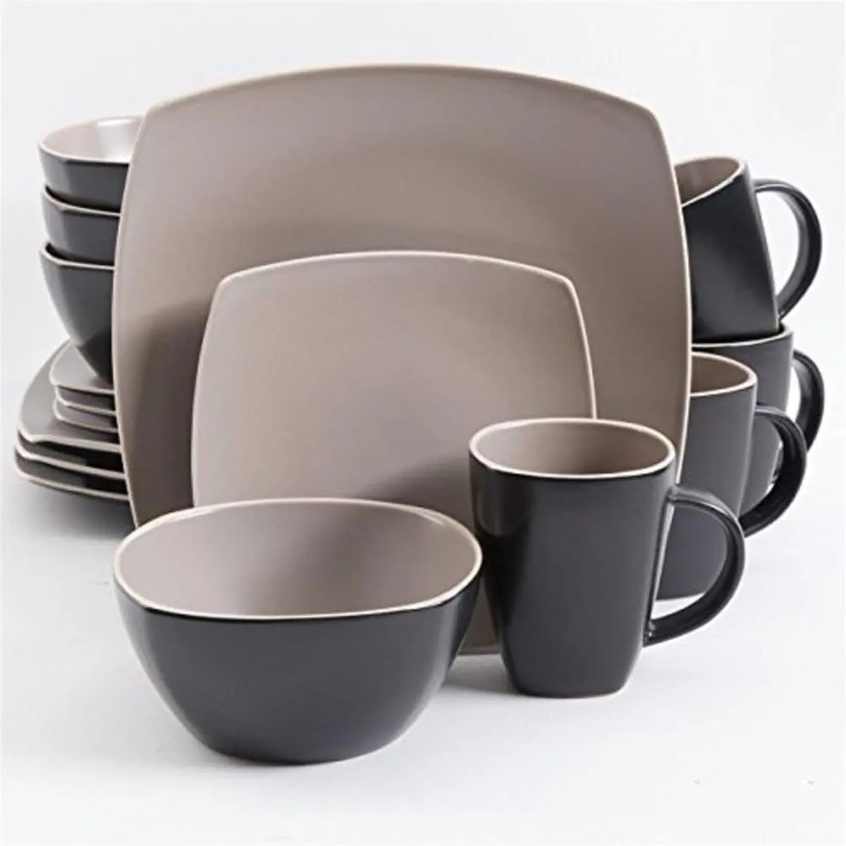 Gibson GH SoHo Lounge 16-Piece Matte Taupe and Black Tableware Kit - Includes Dinnerware Service Set, Cutlery, Utensils, Dinnerware Sets, Matte Finish, 16 Piece Set