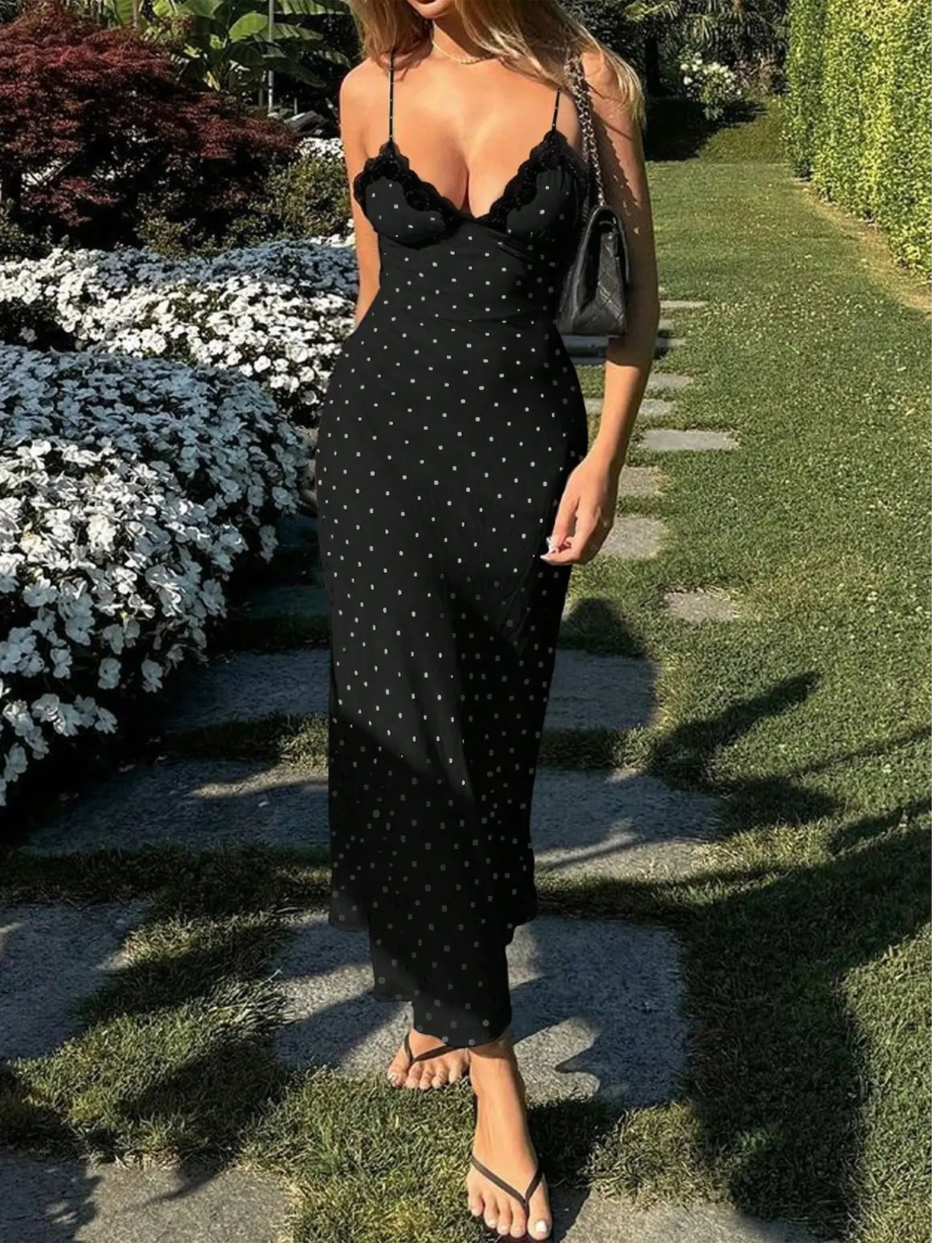Polka Dot Slip Maxi Dress with Lace Trim Cups, Spaghetti Straps and Deep V-Neck, Bodycon Flowy Dress for Summer, Vacation and Evening Wear, Sleeveless