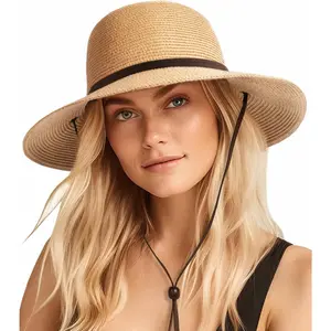 Womens Wide Brim Sun Hat with Wind Lanyard UPF Summer Straw Sun Hats for Women
