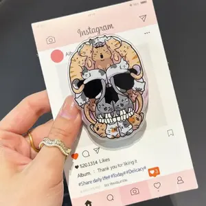 Kawaii Cat Skull Magnetic Phone Grip: Cute Skull Phone Holder with Cats, Sunglasses & Floral Accents, Fun Phone Stand for Cat Lover and Teen