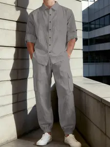 Men's Summer Button-Down Long Sleeve Shirt and Drawstring Pants Set, Casual Business Vacation Style, Regular Fit, Men's Clothing