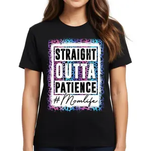 Straight Outta Patience Leopard Mom Life T-Shirt, Women's Sassy Mom Graphic Tee, Humorous Motherhood Streetwear Novelty Short Sleeve Apparel for Her and Mother, Aesthetic Sarcastic Mood Gift Fashion Top, Viral Trendy Retro Animal Print Shirt