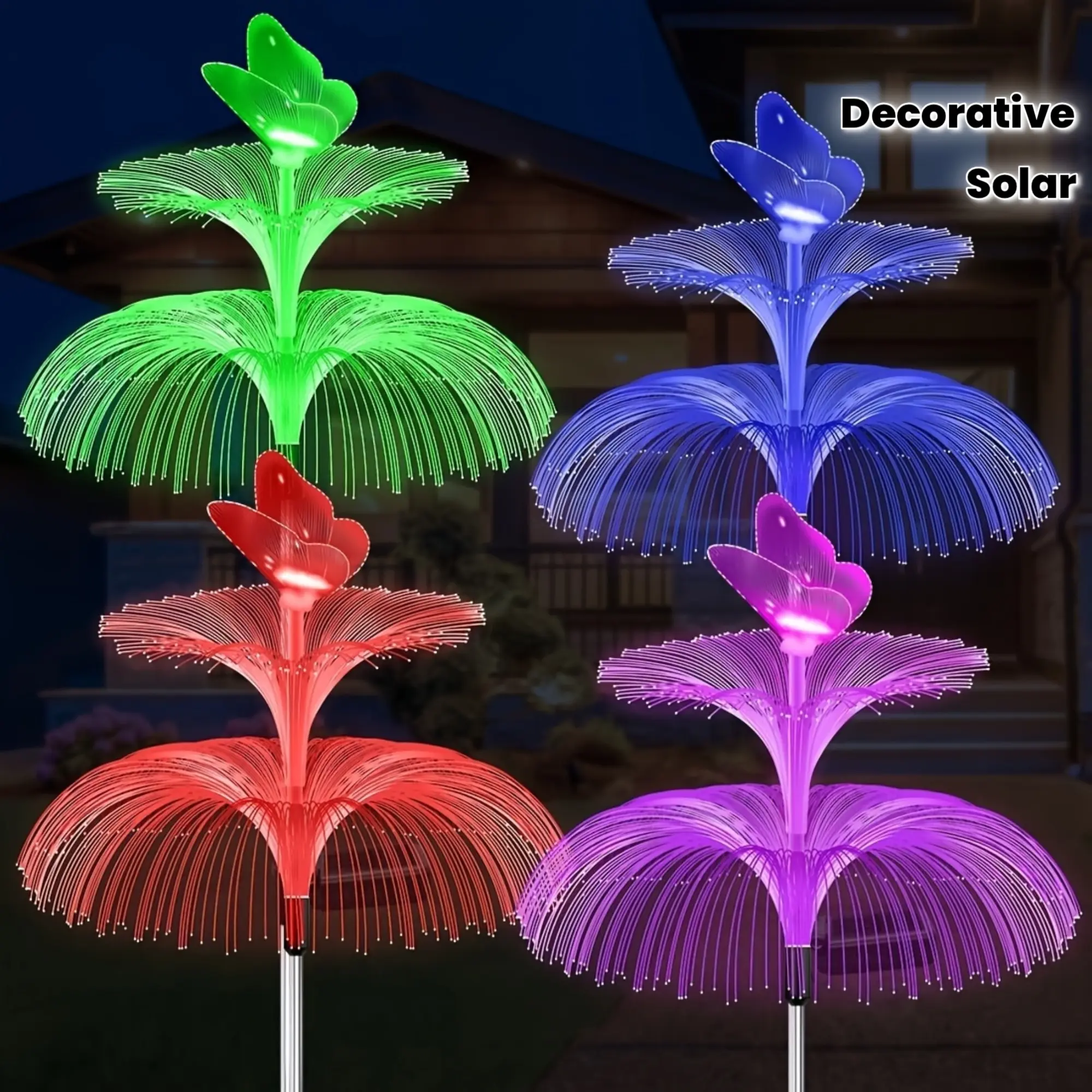 4-Pack Solar Powered Jellyfish Lighting - Plastic 7-Color Double Jellyfish & Butterfly Accent Lights, Water Resistant, Cost-Effective All Seasons Mood Lighting for Deck & Patio