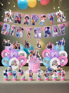 Girl Birthday Scene Decoration Set, Party Supplies Kit Includes Background Cloth, Spiral Hanging Decorations, Balloons, Cake Flags