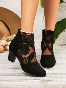 Fashion Women's Shoes, Women’s Lace Mesh Heeled Boots - Elegant Cut-out Pointed Toe Chunky Heels for Spring Streetwear