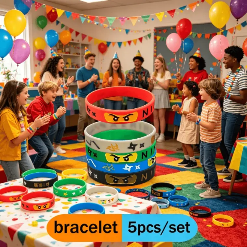 Ninja Warrior Silicone Bracelet Pack - 5Pcs Party Wristbands for Kids Birthday, Classroom Rewards, Themed Party Favors Boys Birthday Party Supplies, Ninja Themed Party, Block Style Party, Dojo Party Favors, Kids Birthday Giveaways