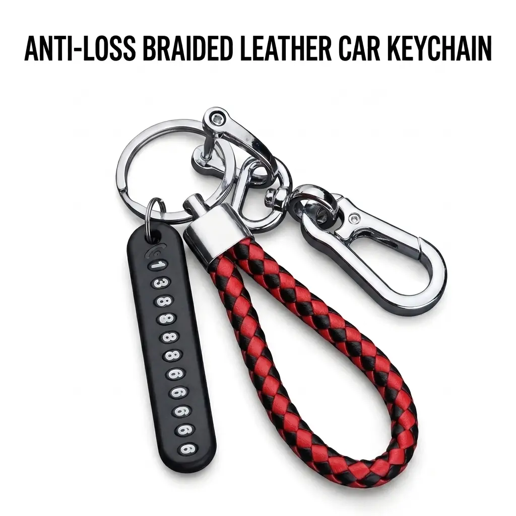 Braided Keychain With Detachable Anti-Lost Phone Number Tag Metal Carabiner Key Ring Anti-Lost Car Key Holder Pendant Accessory