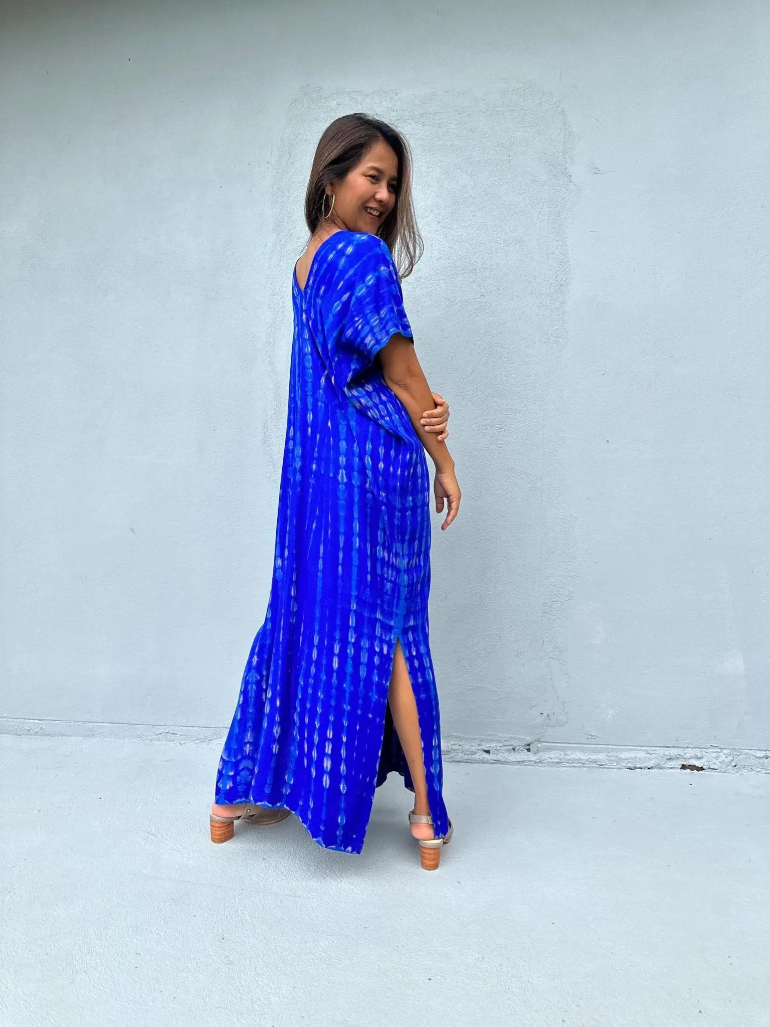 Women's Petite Sapphire Tie Dye Rayon Swing Kaftan Dress - Flattering, Comfortable, Unique Statement Piece for Sunset Plans Casual Wear, One-Of-A-Kind Statement