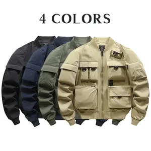 Men’s outdoor tactical baseball jacket with multiple pockets, stand collar, full zip, loose fit, windproof flight jacket—practical functional outerwear suitable for hunting, fishing, road trips, and hip-hop streetwear.