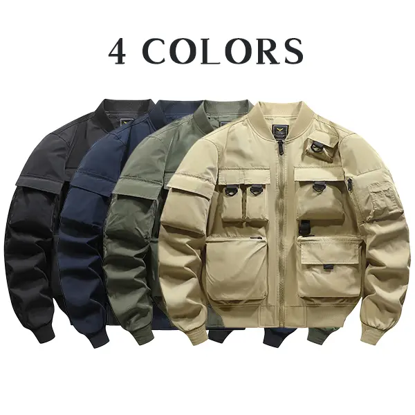 Men’s outdoor tactical baseball jacket with multiple pockets, stand collar, full zip, loose fit, windproof flight jacket—practical functional outerwear suitable for hunting, fishing, road trips, and hip-hop streetwear.