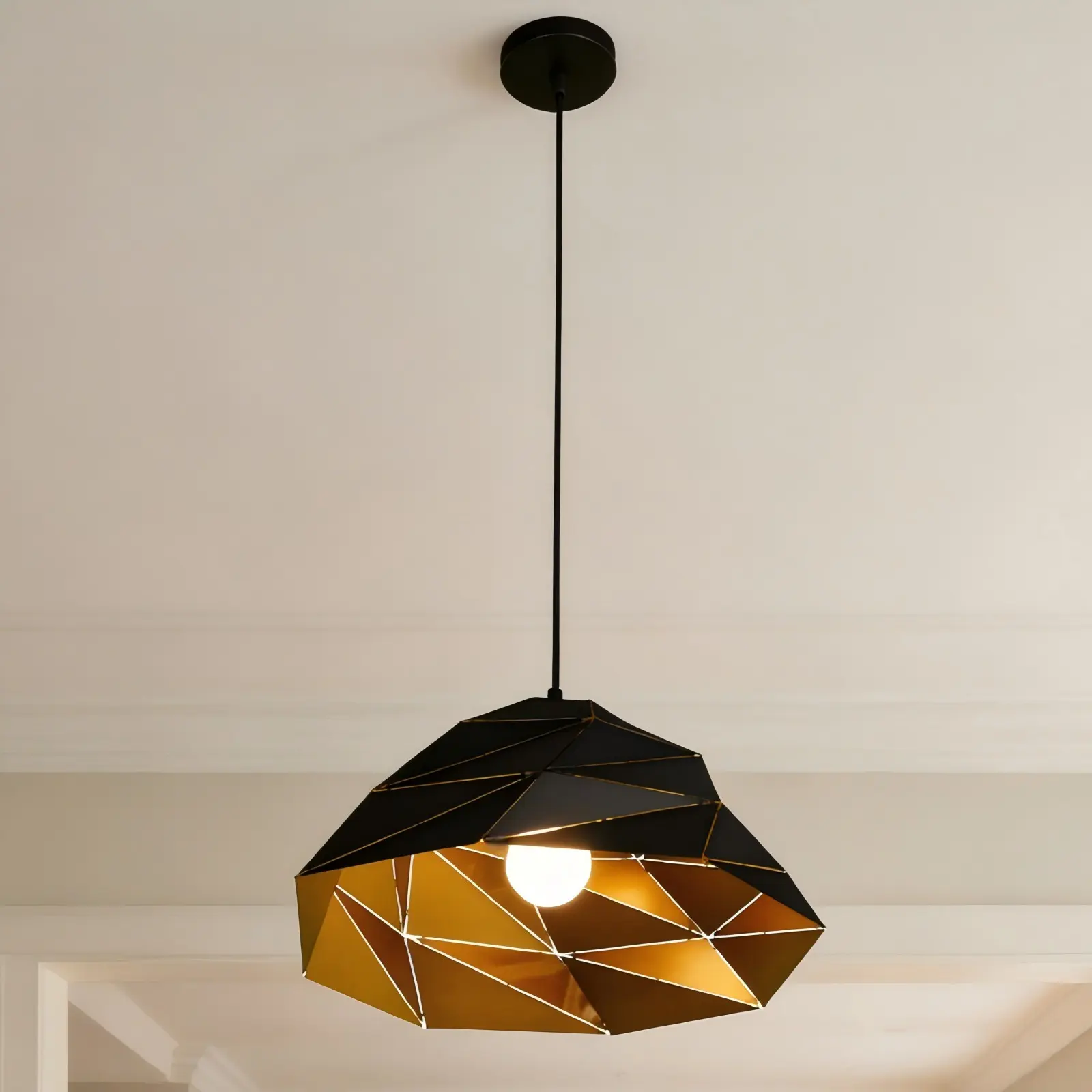14.8 Inch Modern Black Geometric Iron Pendant Light - Industrial Gold Indoor Ceiling Light for Kitchen Island, Dining Room