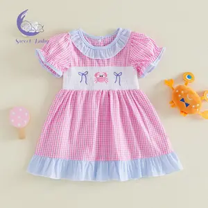 Toddler Baby Girls Plaid Dress Summer Fashionable Crab Bow Embroidery Crew Neck Short Sleeve Dress