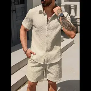 2025 Trend Men 2pcs Set: Single-Breasted Short Sleeve Shirt & Texture Shorts, Cream Outfit Men cozy breathable two-piece outfit