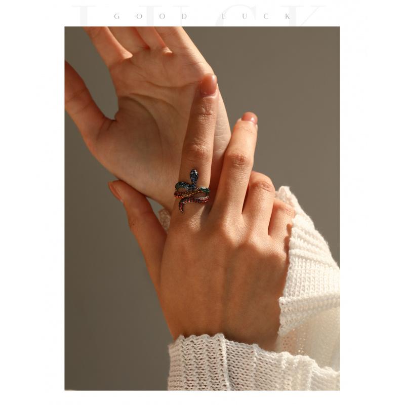Colorful CZ Snake Ring S925 Sterling Silver Sweet Cool Style Women's Statement Jewelry Adjustable Size for Daily Wear Colorful CZ Snake Ring S925 Sterling Silver Sweet Cool Style Women's Statement Jewelry Adjustable Size for Daily Wear