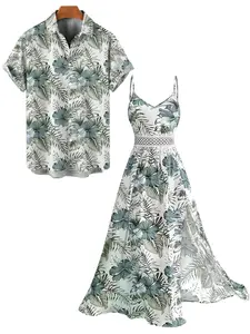 2025 Vacation Couple Outfit Hibiscus Floral Leaf Pattern Geometric Lace Panel Hollow Out Long Dress and Button Up Shirt Casual Matching Outfit beachwear