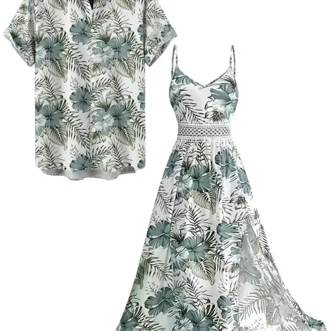 2026 DRESSLILY Vacation Couple Outfit Hibiscus Floral Leaf Pattern Geometric Lace Panel Hollow Out Long Dress and Button Up Shirt Casual Matching Outfit beachwear