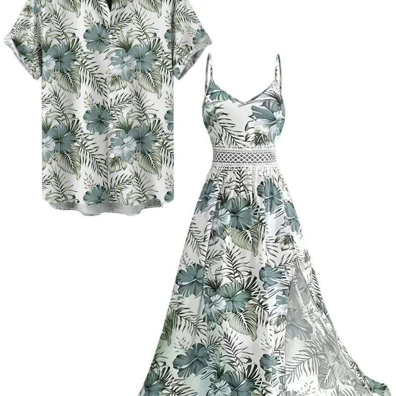 2026 DRESSLILY Vacation Couple Outfit Hibiscus Floral Leaf Pattern Geometric Lace Panel Hollow Out Long Dress and Button Up Shirt Casual Matching Outfit beachwear