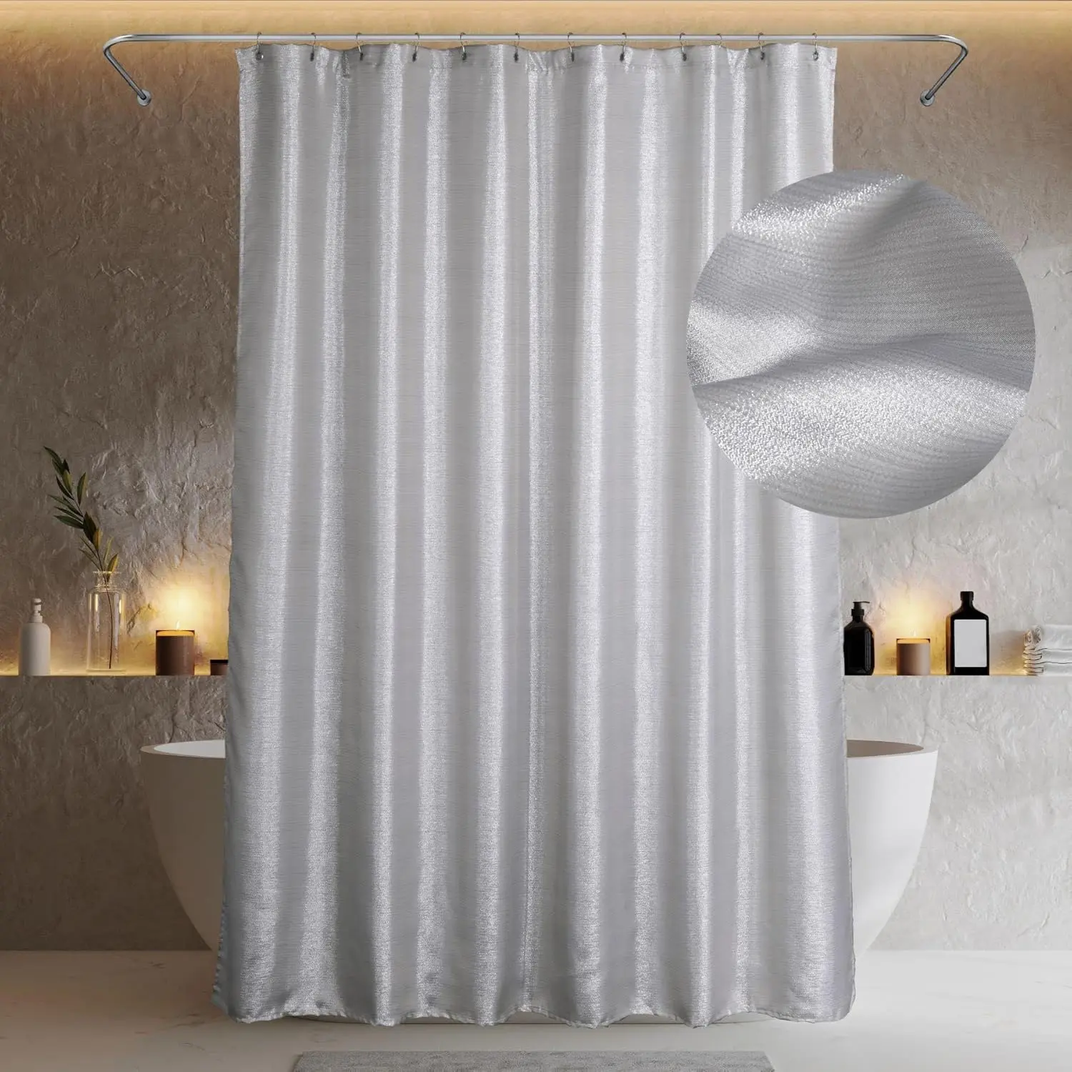 Grey Sparkle Shower Curtain: Modern Luxury Elegant Light Gray Metallic Fabric Curtain Set for Bling Glamour Festive Bathroom Decor - Chic Neutral Fancy Glitter Bathroom Accessories - 72x72