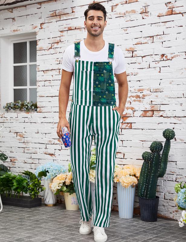 Yuanbang St Patrick's Day Overalls for Men Lucky Irish Romper Green Stripes Print Bib Stretch Denim Coveralls Adjustable Straps Jumpsuit Holiday Menswear Festival Beer Party Mardi Gras Outfits Dad Gifts Football Outwear