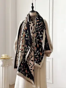 Women's Thick Fashion Plant Print Long Scarf, Tassel Decor Shawl, Elegant Floral Neck Wrap Shawl, Perfect Gift for Women, Stylish Accessory for Any Occasion