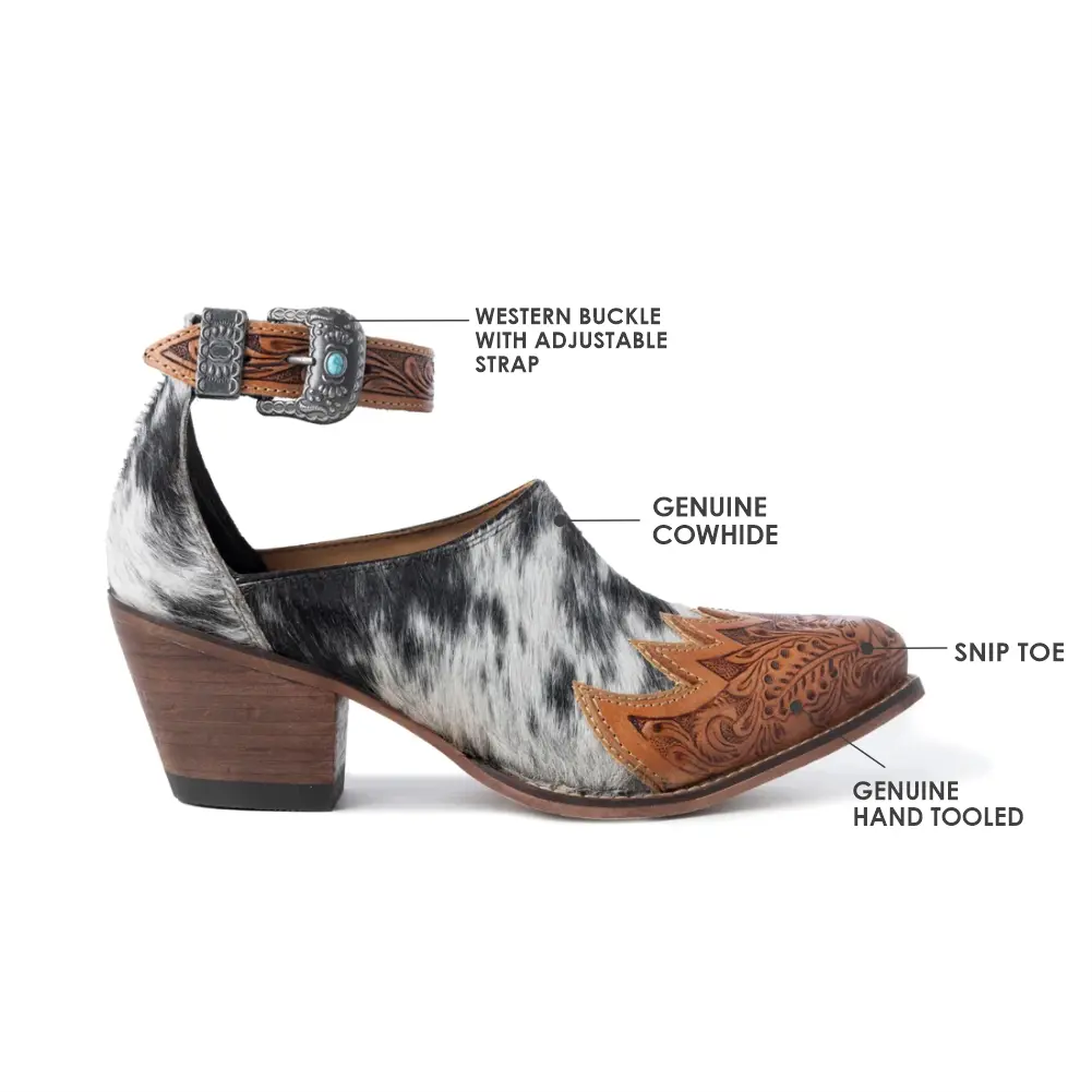 Women's Zora Canyon Mules - Western Snip Toe Slip-On Heels in Genuine Hair-On Hide Leather, Hand-Tooled for Everyday Casual Wear, Open Toe Mules, Black And White