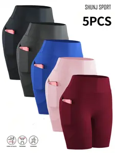 5 Pack Women's Biker Shorts with Pockets, 11" High Waist Black Workout Sports Spandex Shorts for Gym Yoga Running Summer Clothes