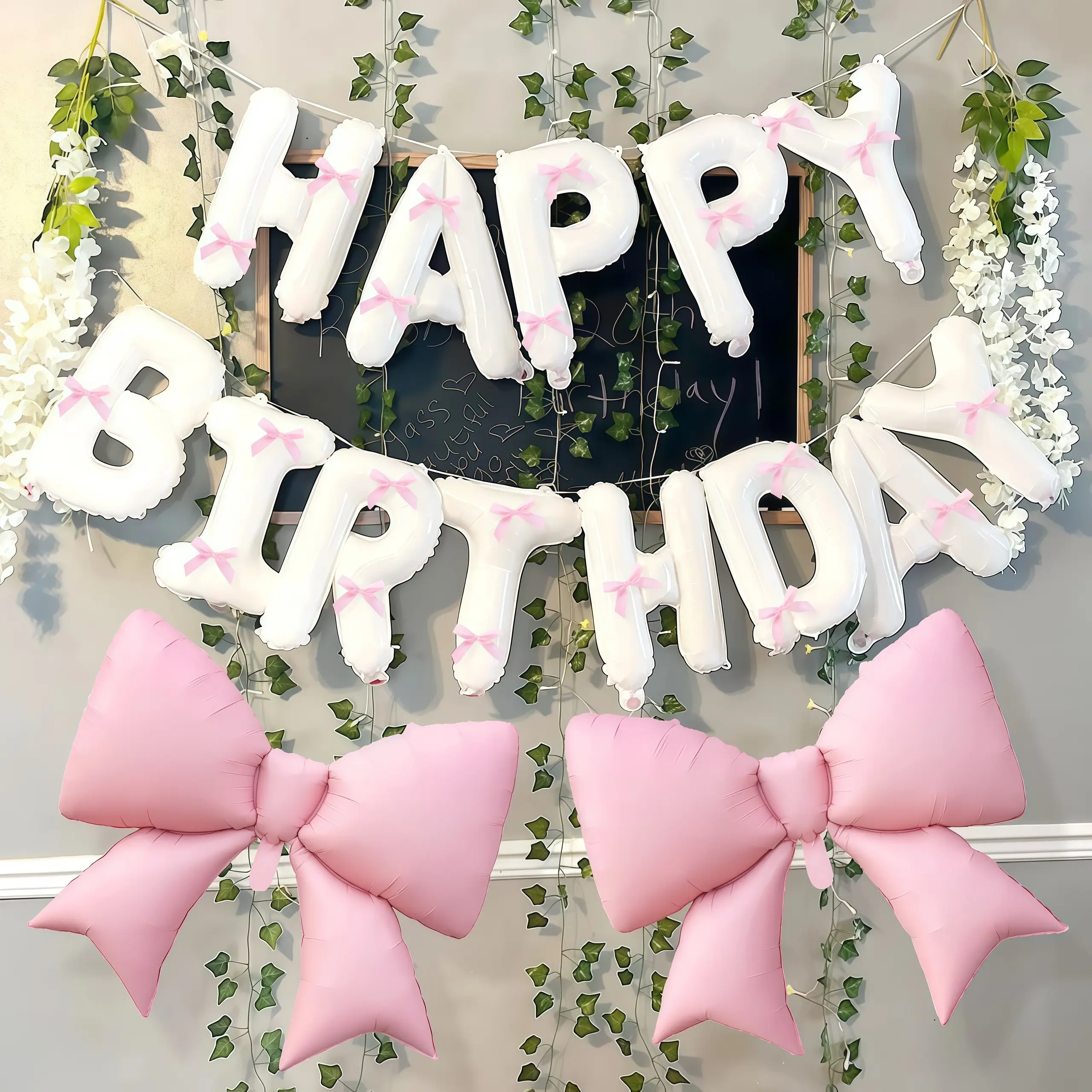 Pink/White "HAPPY BIRTHDAY" Balloon Set – Foil Letter Balloons, Pink Bow Balloons & Decorations for a Charming Party