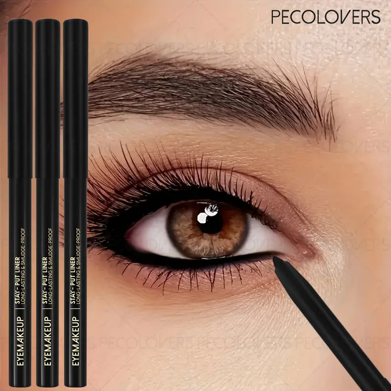 3-Piece Waterproof & Sweatproof Black Eyeliner Pencils - Smudge-Proof, Long-Wear, Easy-To-Apply, Quick-Dry, Professional & Everyday Eye Makeup Product, Suitable for Beauty Enthusiasts and Beginners