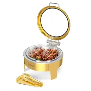 ROVSUN 6QT Gold Chafing Dishes for Buffet, Roll Top Chafing Dish Buffet Set, Round Chafers and Buffet Warmers Sets with Glass Lid & Serving Tong for Parties Weddings Catering Events Dinners