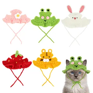 5Pcs Handmade Knitted Cat Hats Cute Dog Hats Frog Strawberry Pink Flower Tiger Rabbit Funny Cap with Adjustable Cord for Cats Dogs Small Pets Birthday Costume Accessories