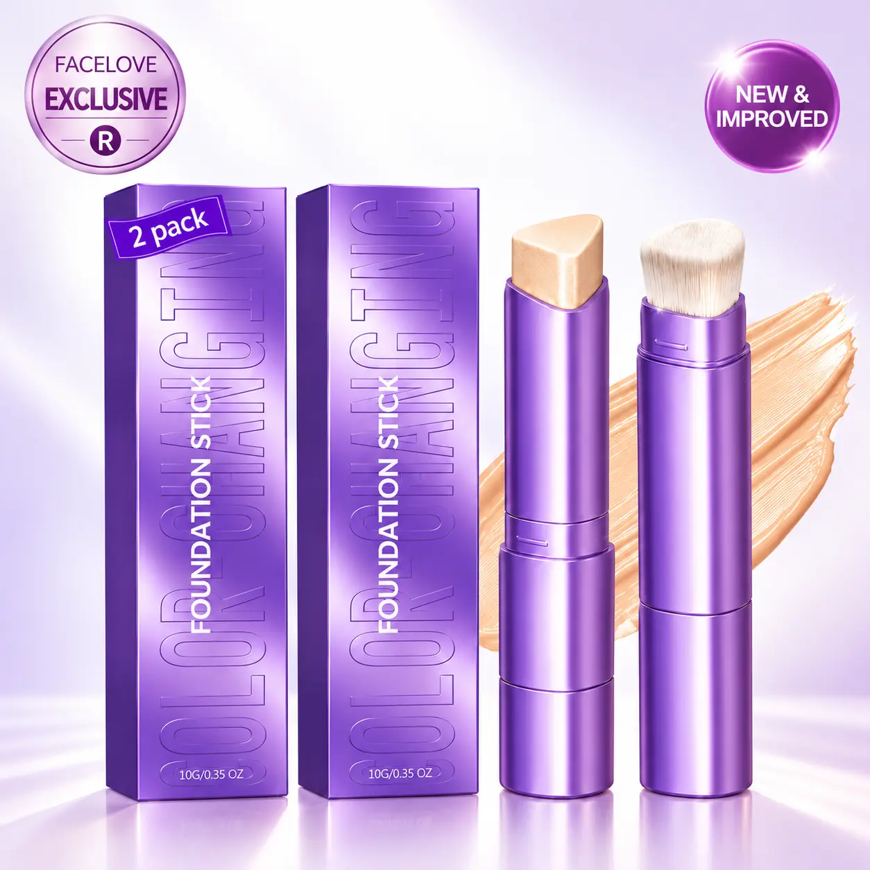 FACELOVE 2PC 2-in-1 Foundation Stick with Built-In Brush - Cosmetic for Mature Skin, Color-Adapting Cream, Lightweight Smooth Coverage, Easy-Blending, 10g