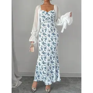 Women’s printed contrast mesh chiffon dress, elegant long-sleeved dress, suitable for parties, holidays, and wedding guests; all-season women’s clothing; GARMENTARY