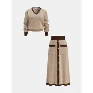 Contrast Trim Knit Top and Midi Skirt Set