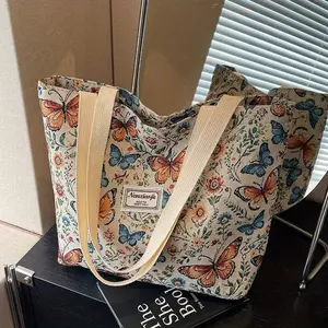 2025 New Women's Large-Capacity Tote Bag - Colorful Butterfly and Floral Print, Zipper Closure, Reinforced Handles, Beige/Black, Stylish and Durable Handbag for Work, Travel and Shopping