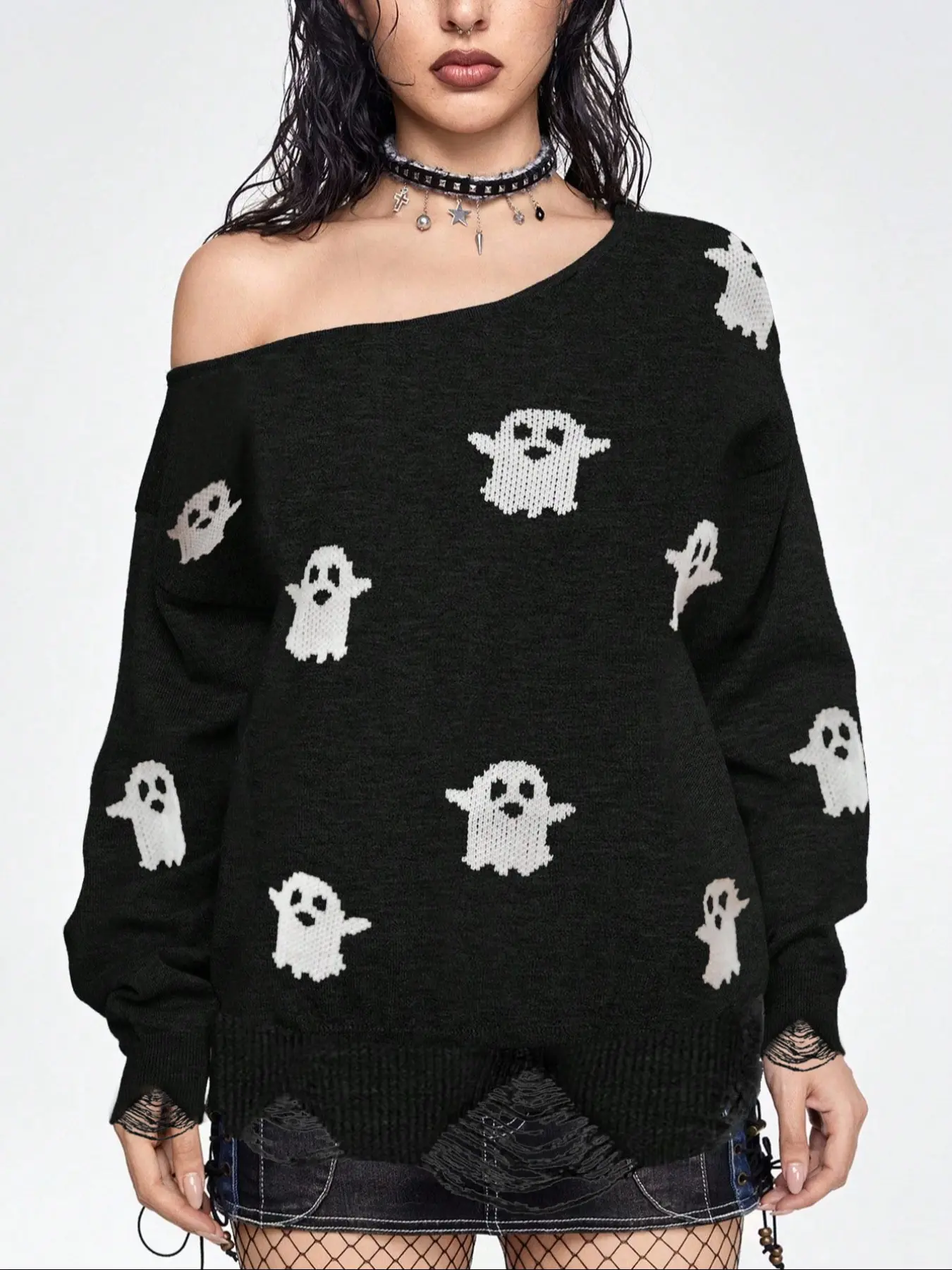 Plus Size Cartoon Ghost Print Ripped Drop Shoulder Sweater, Casual Long Sleeve Round Neck Jumper for Fall & Winter, Women's Knitwear for Daily Wear Knitting