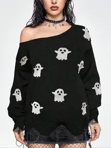 Plus Size Cartoon Ghost Print Ripped Drop Shoulder Sweater, Casual Long Sleeve Round Neck Jumper for Fall & Winter, Women's Knitwear for Daily Wear