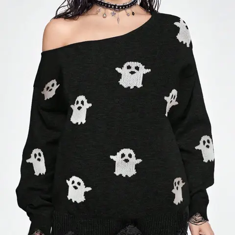 Women's Plus Size Cartoon Ghost Print Ripped Drop Shoulder Sweater Knitwear, Casual Loose-Fit Long-Sleeve Round-Neck Jumper for Daily Wear, Fall & Winter Clothes