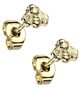 Gold PVD Bee Titanium Threadless Earrings