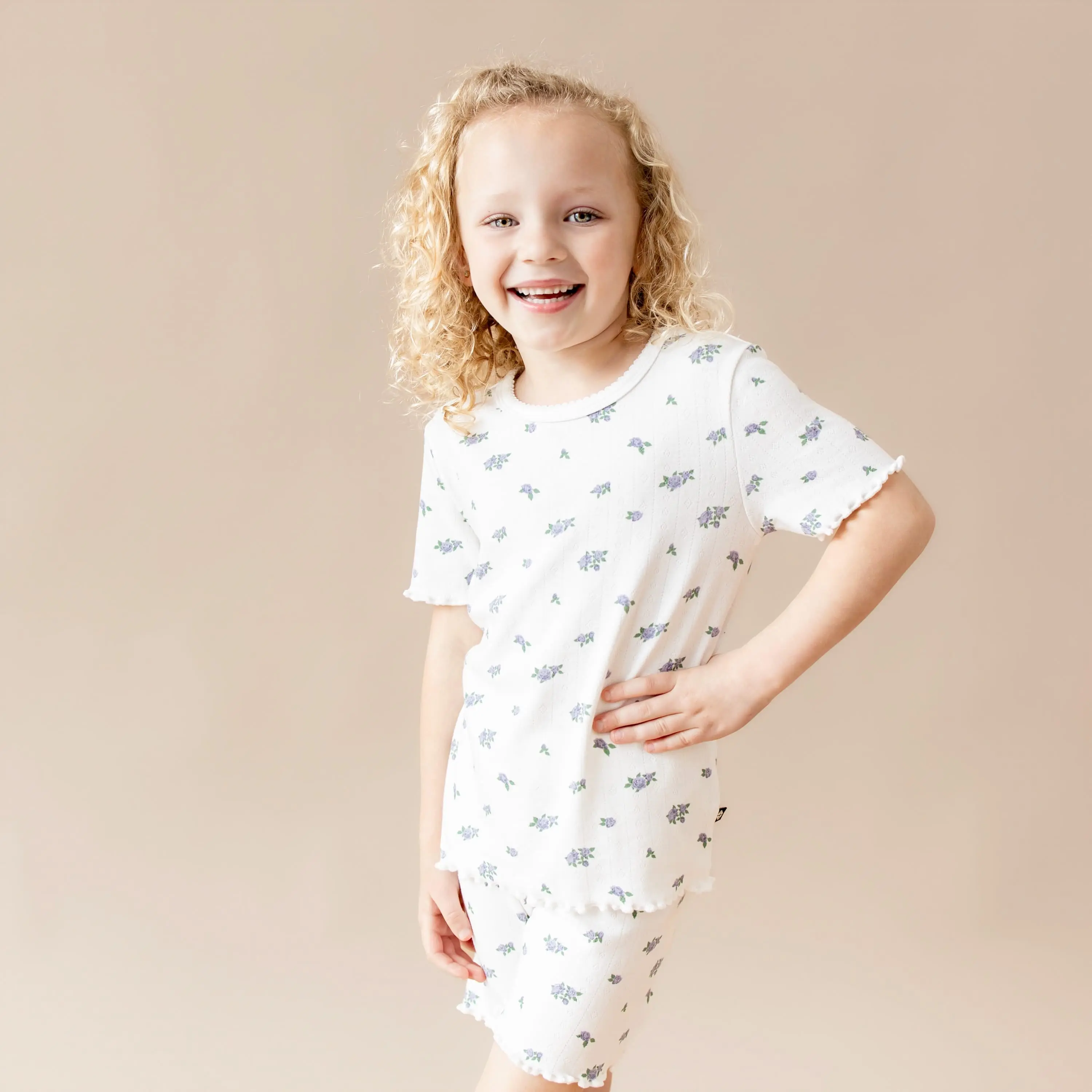 Girls' 2-Piece Pointelle Knit Lounge Set - Cloud-Soft Bamboo Cotton Blend Pajamas with Lettuce Edge Trim, Elastane