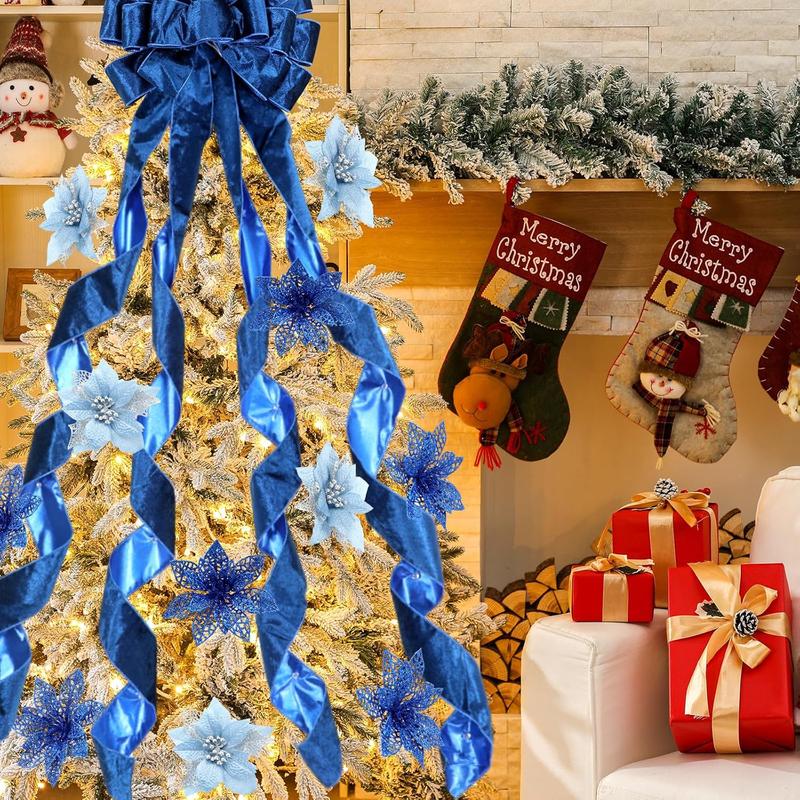 48" x 13" Big Christmas Tree Topper Large Velvet Bow with Long Streamers Christmas Tree Ornaments with 8 Pcs 5.5 Inch Artificial Poinsettia Flowers Decorations for Xmas Decor(Royal Blue)
